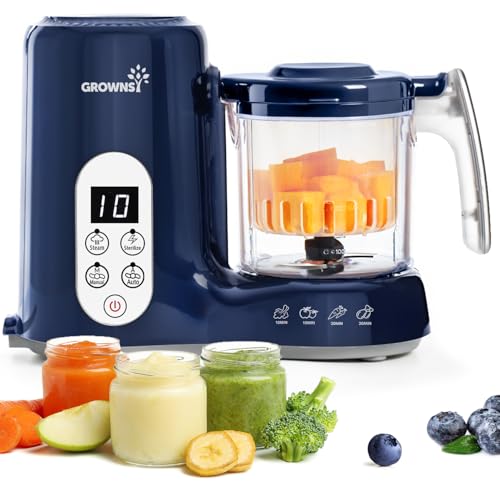 Image of Grownsy Baby Food Maker with Steam Basket, One Step Baby Food Processor Steamer Puree Blender Grinder Mills Machine, Auto Cooking Grinding and Sterili-zing for Healthy Homemade Baby Food, Dark Blue