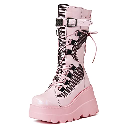 Tscoyuki Women's Platform Mid Calf Boots, Chunky High Heel Wedge Boots Goth Zip & Lace Up Combat Round Toe Motorcycle Boots