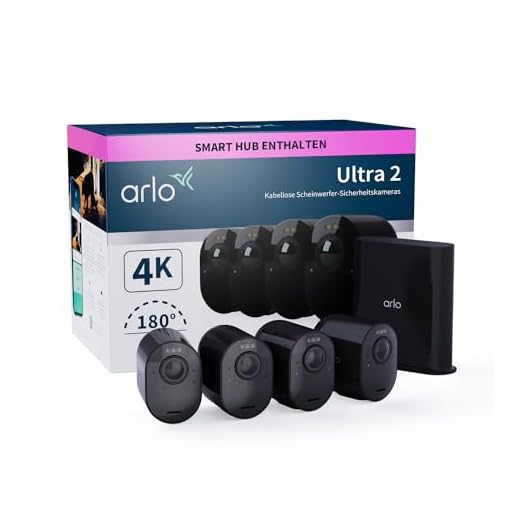 Arlo Ultra 2 Überwachungskamera Aussen WLAN, Kabellos, 4er Set, 4K UHD Qualitätsprodukt, 180° Sichtfeld, Spotlight, Farb-Nachtsicht, Bewegungsmelder, Alarm Sirene + mit Arlo Secure Testzeitraum