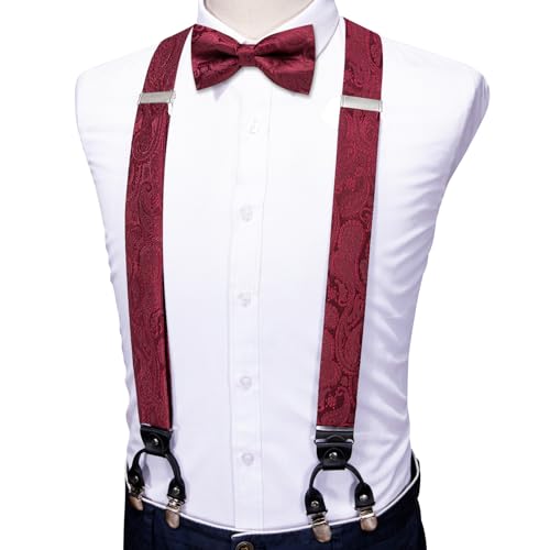 Image of YOHOWA Men Suspenders 6 Clips Strength Adjustable Y Braces Pre-Tied Bow Tie Set Formal Wedding Party
