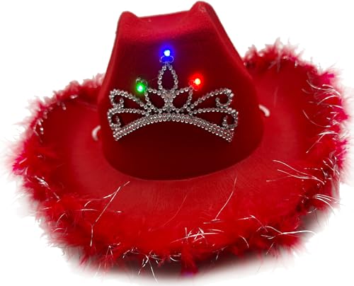 Studio Halloween Adult's Red Cowboy Hat With Light Up Tiara And Feather Trim