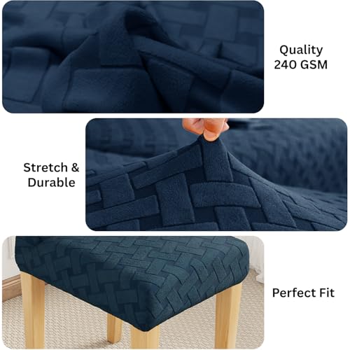 Image of Lukzer Elastic Dining Chair Cover - 1PC Pastel Marine Blue Basket Weave | Textured High Stretch Jacquard Seat Cover | Removable Washable Short Dining Chair Cover Protector Seat Slipcover | (CC-117-01)