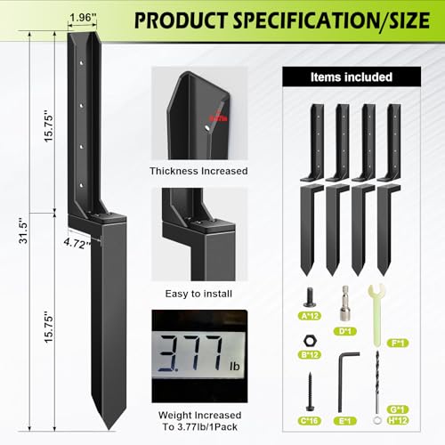 Dukelai 4 Pcs Fence Post Repair, Heavy Duty Fence Post Anchor Ground Stakes for Repair Tilted, Broken Wood Fence Post with Install Accessories (Special Edition)