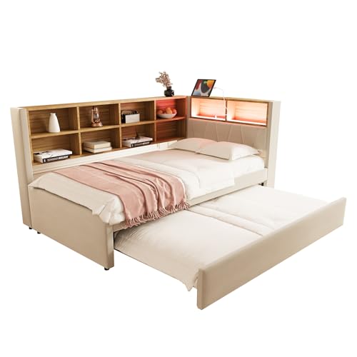 KecDuey Marco de cama, sofá cama 90 x 200 cm, cama nido de 90 x 190 cm, equipado con luces LED, enchufes y muchos compartimentos, cama tapizada, cama individual, tela de franela (beis, 90 x 200/90 x