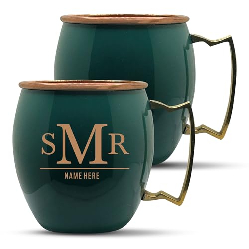 Custom Copper Moscow Mule with Smooth Painted Finish - Engraved Bar Style 100% Copper Cup with Personalized Typography 1 Monogram Themed Engraving, Brass Handle | 18 oz, Green | Set of 2