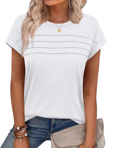 Chicrise Tee Shirt Femme Manches Chauve-Souris Plissé Décontracté Haut Manches Courtes Chic Et Elegant Mode Top Blanc Tres Grand 46-48