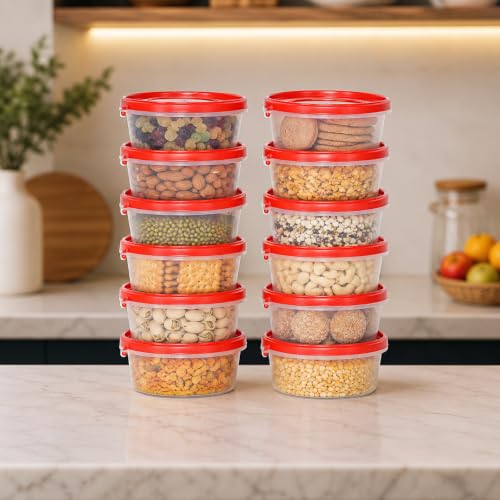 Image of Cutting EDGE Nesterware 500ml Stackable Food Container(Set of 12,Light Red) | BPA-free plastic, stackable design, leak-proof, kitchen storage, pantry, fridge, meal prep, reusable, travel use