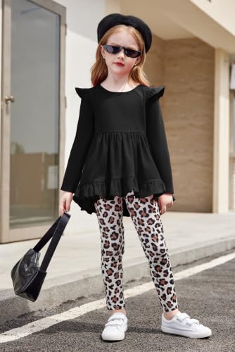 Image of Arshiner Toddler Girl Clothes Ruffle Trim Long Sleeve Pullover Top and Floral Print Leggings Fall Outfits Kids Clothing Sets