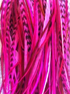 Feather Hair Extension – Natural Mix With Hot Pink and Grizzly Feathers, All Bonded Together at the Tip, Ranging From 5 to 6 Inches in Length, With a Total of 6 Feathers