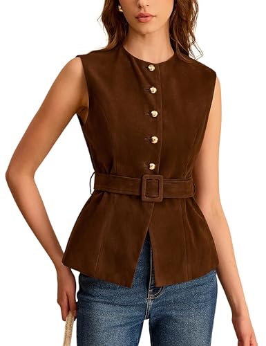 Lentta Womens Suede Vest Crew Neck Sleeveless Button Down Dressy Suit Waistcoat with Belt