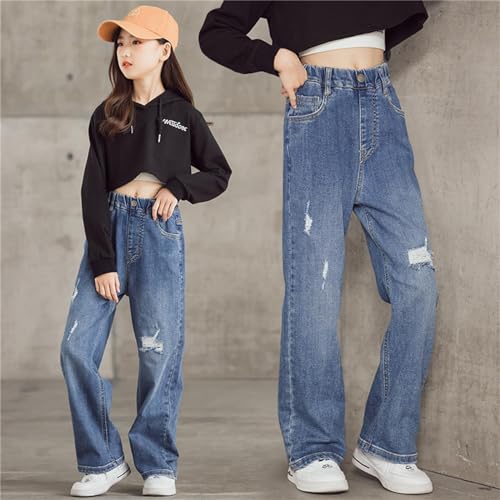Girls Ripped Straight Jeans Elastic High Waist Baggy Wide Leg Denim Pants Kids Y2k Streetwear Vintage Trousers Swear Pants2