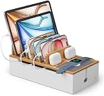 Pezin & Hulin Station de recharge de bambou pour appareils multiples, support de chargeur pour téléphone cellulaire et tablette, organisateur de dispositifs électroniques, 6 USB Câbles (Natural+White (sans chargeur)