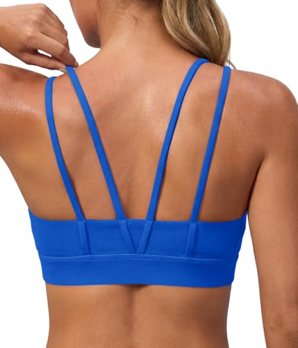 Aoysky Sports Bras for Women Buttery Soft Strappy Padded Sports Bra Double Spaghetti Straps Wireless Yoga Workout Crop Tops Blue
