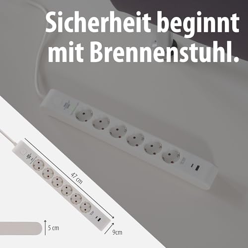 Brennenstuhl Steckdosenleiste 6-Fach mit USB und Überspannungsschutz (Mehrfachsteckdose mit 1x USB C PD 20W zum Schnellladen und 1x USB A 20W, Schalter, 2m Kabel) weiß