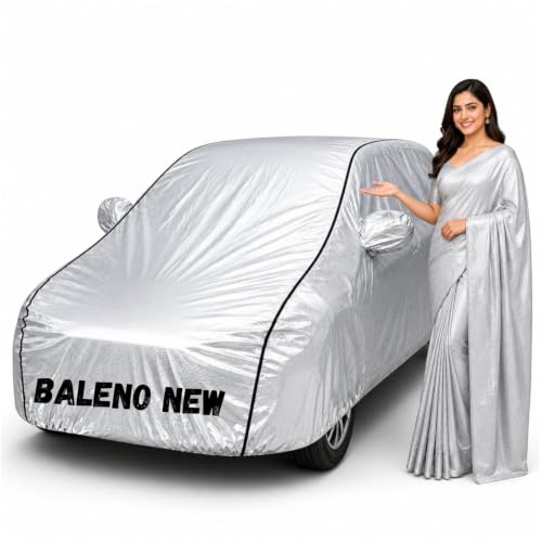 Image of Waterproof Car Body Cover for Baleno New All Weather Protection Comes with Inner Cotton Lining & Triple Stitched with Mirror & Antenna Pocket Belt & Elastic Fit Metallic Silver with Black Piping
