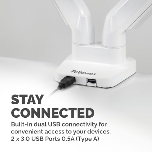 Image of Fellowes Platinum Series Dual Monitor Arm for 40-Inch Monitors, Full Motion, 360 Rotation, VESA Mount with Grommet or Clamp, USB Ports, Ergonomic, White, 8056301