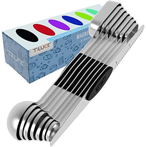 TILUCK Magnetic Measuring Spoons Set, Stainless Steel Dual Sided Spoons Set of 8, Stackable Teaspoon Tablespoon Cover