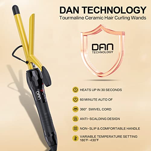 Dan Technology 5/8 Inch Tourmaline Ceramic Hair Curling Iron 0.6 Inch Curling Wand With Lcd Screen, For Hairdressing Beauty School, Hair Salon, Fast Heating, 60 Min Auto Off (Gold Black) #TOP4