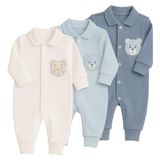 Kit 3 Macacão Para Bebê Canelado Bordado Vira Pé Menino Masculino - P Ao G (BR, Alfa, G, Menino)