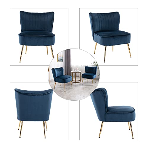 Modern Velvet Accent Chair Set of 2 with Golden Legs,Armless Slipper Chairs Side Chair for Living Room Home Office, 20.5\" Wide Reading Corner Chair for Space Saving, Blue - Thumbnail 3