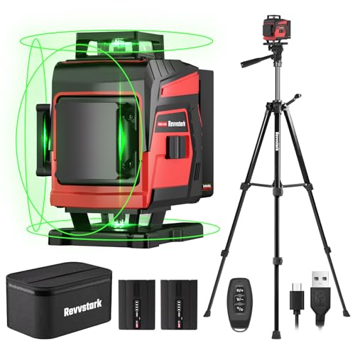 Revvstark Laser Level with Tripod, 4x360° Green Line Laser Tool with Self-Leveling & Manuel Models, Remote/Touch Control, Rechargeable Battery for Picture Hanging, Tile, Home Renovation (Bag Included)