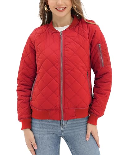 Argstar Women's Jacket, Puffer Quilted Long sleeve Casual Bomber Outerwear Padded Jacket with 5 Pockets Fall or Winter Red XL