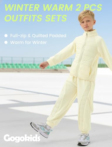 Gogokids Boys Girls 2-Piece Fleece Outfits, Warm Quilted Winter Jacket & Pants Set, Kids Thermal Tracksuit Snow Suit Layer for School Skiing, White, 7-8 Years - image 7