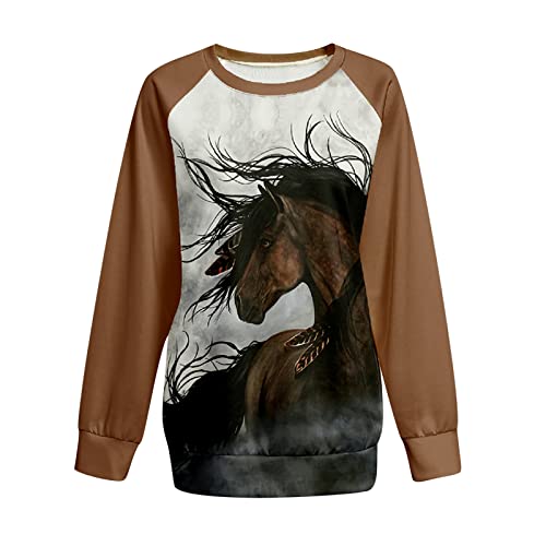 Women 3D Horse Graphic Sweatshirt Vintage Oil Paint Print Distressed T Shirt Classic Crewneck Pullover Casual Long Sleeve Top #TOP3