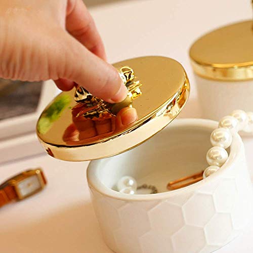 Yarrkc Ceramics Jewelry Storage Tank, Small Jewelry Box Jewelry Holder Simple Storage Tank Dresser Ornaments with Golden Bee Lid, Round
