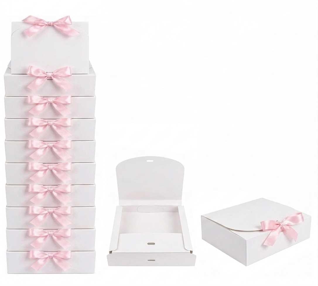 Emartbuy White Kraft Gift Box with Baby Pink Ribbon – 24 x 19.5 x 7 cm – Fits Perfume, Beauty Sets & Small Gift Hampers – Birthdays Weddings Christmas Corporate Gifting Trade Wholesale – Pack of 12 — image 1