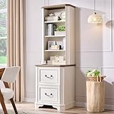 OKD 6-Tier Bookshelf with Storage, 72' Tall Farmhouse Bookcase with 2 File Drawers, Adjustable Shelves, Wooden Floor Standing Display Book Shelf Organizer for Home Office, Antique White