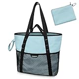 PASMAN Beach Bag with Zipper - 8 Pockets Sandproof Beach Tote Bag for Women,Foldable Lightweight Family Swim Bag Vacation (Light Blue)