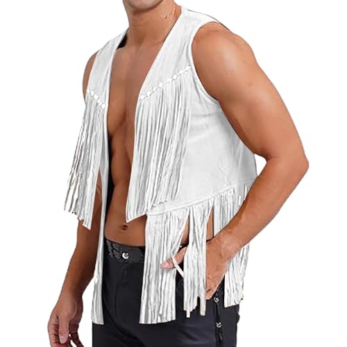 Generisch Disfraz de vaquero para hombre, sin mangas, chaleco hippie con flecos, chaleco hippie con flecos, disfraz de los años 70, disfraz vintage de moda, chaleco de ocio, discoteca, festival, O