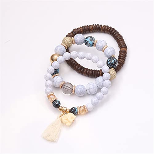3Pcs Bohemian Stackable Wood Wooden Beads Elephant Charm Bracelet Set Ethnic Multilayered Tassel Stretchy Bracelet For Women Men Girl Boy Teen Boho Jewelry Birthday Gift-F White #TOP1