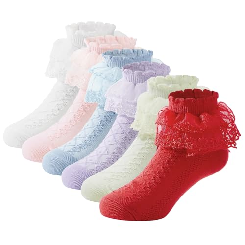 Zando Girls Ruffle Socks Baby Girl Girls Frilly Lace Princess Dress Socks Girls Crew Socks Kids Cotton Ankle Socks for Toddler Girls Socks 6-8 Years 6 Pairs White/Yellow/Pink/Red/Purple/Blue