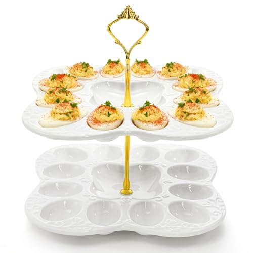 Peohud 2 Tier Ceramic Deviled Egg Platter Tray, 24 Holes Detachable Easter Egg Holder for Kitchen Countertop, Party Display, Microwave Dishwasher Freezer Safe