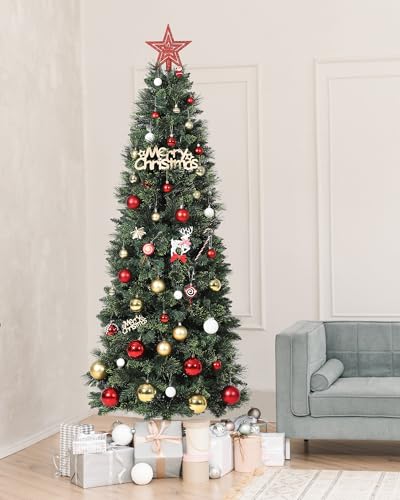 Garvee 1.8M/6FT Christmas Tree with 618 Branch Tips, Pine Slim Christmas Tree, Artificial PVC Christmas Decorations Tree for Indoor Outdoor Home Office Party Decor, Foldable Metal Stand, Easy Set-up