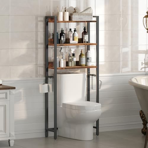MAHANCRIS Over The Toilet Storage Rack, 3 Tier Bathroom Organizer Over Toilet, Freestanding Space Saver Toilet Stand with 2 Hooks, Bathroom Storage Shelf, Easy to Assemble, Rustic Brown TSHR6001 by MAHANCRIS - Used condition - US$45.99