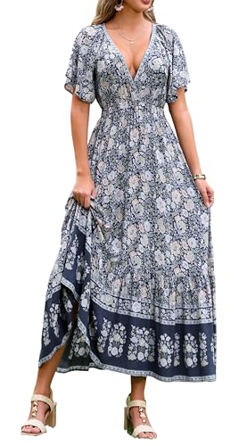 Image of R.Vivimos Women's Summer V Neck Maxi Dress Boho Floral Print Short Sleeve Elastic Waist Ruffle Patchwork A-Line Beach Dress