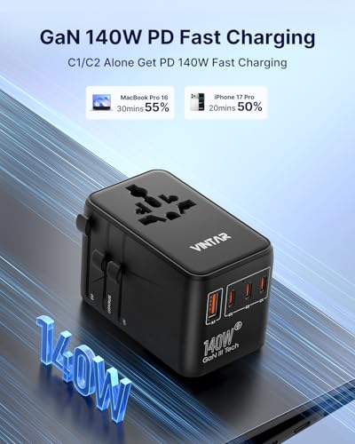 Image of VINTAR 140W GaN Universal Travel Adapter, 6-in-1 International Power Adapter with 2AC, 3 USB-C PD & 1 USB-A QC, All-in-One Charger Compatible with EU /UK /US /AU for Laptops, Tablets, Phones, Cameras