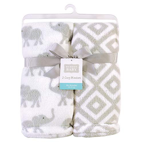 Image of Hudson Baby Unisex Baby Silky Plush and Coral Fleece Blanket, Gray Elephants, 30x36 inches