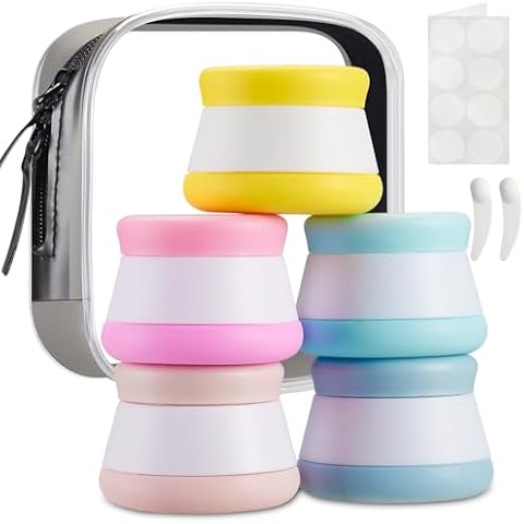 INSFIT Travel Containers for Toiletries, TSA Approved Silicone Cream Jars, Travel Size Containers with Lids, 5PCS BPA Free Leakproof Travel Accessories for Liquid Lotion with Labels Mini Spatulas Cover
