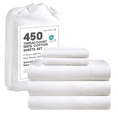 Image of LANE LINEN 450 Thread Count 100% Cotton Split King Sheets Set for Adjustable Beds, 15 inch Deep Pocket Soft & Comfy Sustainably Produced Split King Sheet, Naturally Cooling Cotton Sheets -White
