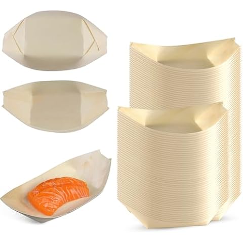 Business King 300 PCS Disposable Wood Boat Plates 6.7'', Charcuterie Bamboo Boats for Appetizers, Sushi, Food Serving Tray Container Wood Bowl for Catering and Home Use Cover