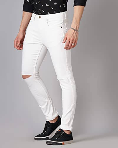 Image of Hardsoda Men's Cotton Poly Lycra White Solid Slim Fit Jeans