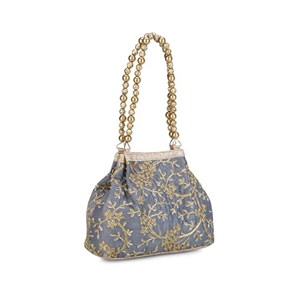Shanvi handicraft Raw-Silk Designer Potli Bag for women with Golden Embroidery and Golden Pearl Handle Tassel - Image 5