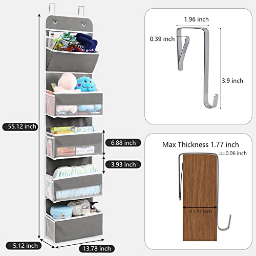 Galmaxs7 Over The Door Hanging Organizer With 5 Large Pockets And Metal Hooks, Nursery Back Of Door Storage Organizer Closet Door Organizer For Pantry Bathroom Laundry Bedroom Office, Grey #TOP1