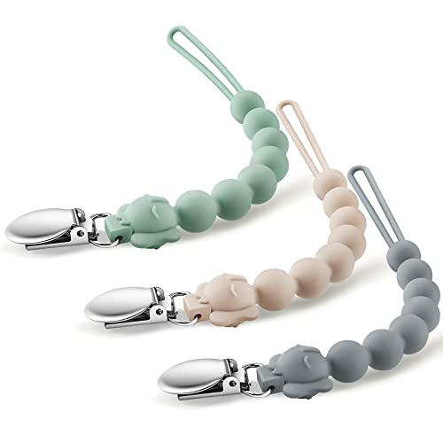 Image of COZYPANDA Macrame Pacifier Clip, Boho Handmade Pacifier Holder, Unisex Cotton Baby Pacifier Clips Fixed Pacifiers Teethers & Small Toys, Wooden Pacifier Holder Clip for Boy/Girl… (Green+Grey+Khaki)