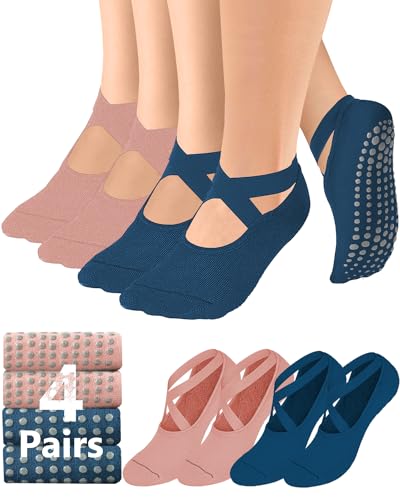 Image of AURUZA Pilates Grip Socks for Women Non Slip Skid Yoga Socks with Grips Straps for Ballet Dance Workout Gripper Sock