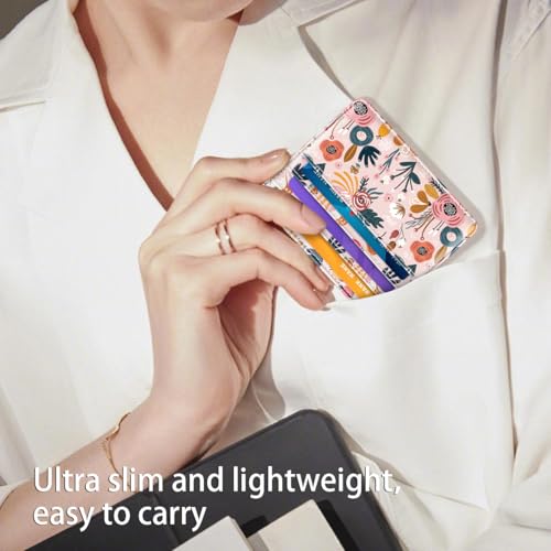 Image of Slim Minimalist Pocket Credit Card Holder Wallet Women | RFID Blocking Lightweight Thin Small Cute Card Cases, Pink Flowers